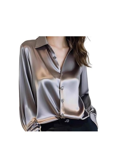 Kadın Gömlek Düz Renk Pürüzsüz Saten Uzun Kollu Yaka Rahat Üstler Tek Göğüslü Fransız Tarzı Ofis Gömlek Gri