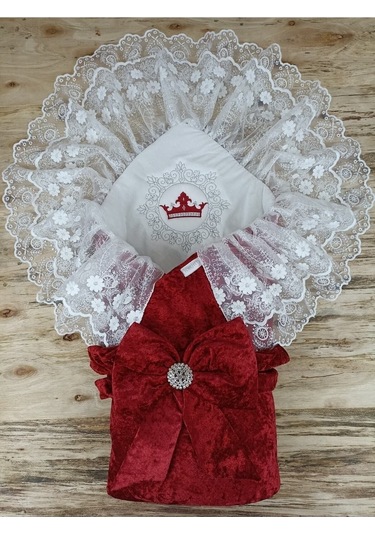 Dantelli Taçlı Bebek Kundağı Unisex Bebek Dış Kundak Battaniyesi Hastane Çıkışı Mevlütlük Kundak Bordo
