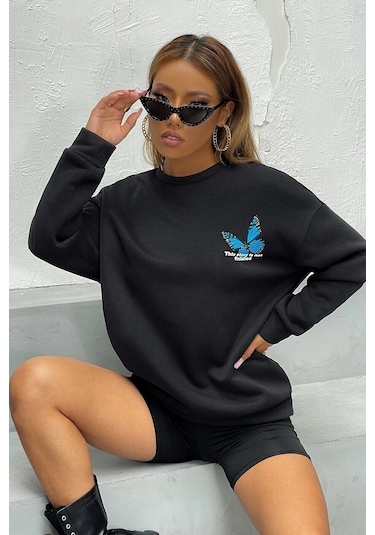Modagen Kadın Ön Arka Kelebek Baskılı Siyah Bisiklet Yaka Oversize Sweatshirt Ssiyah