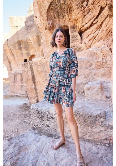 Monamise 23064 Kadın Etnik Desen Truvakar Kol V Yaka Elbise-lacivert Lacivert