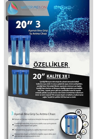 WaterMelon 20 Inç 3 Aşama Daire Bina Sayaç Girişi Su Arıtma Cihazı Yıkanabilir-1 Mikron-5Mikron