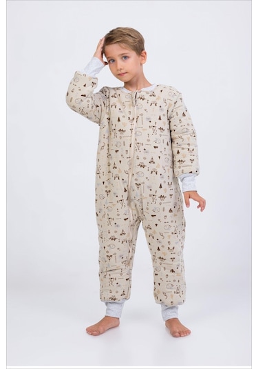 Kız Erkek Çocuk Kalın Elyaf Dolgulu Premium Kalite 2.5 Tog Desenli Uyku Tulumu Taş Rengi