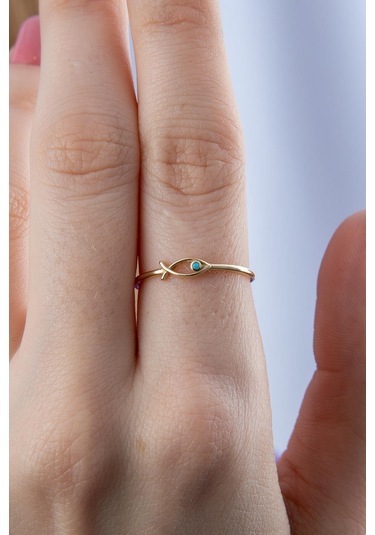 14 Ayar Altın Mini Firuze Taş Detaylı Balık Yüzük Pembe Altın