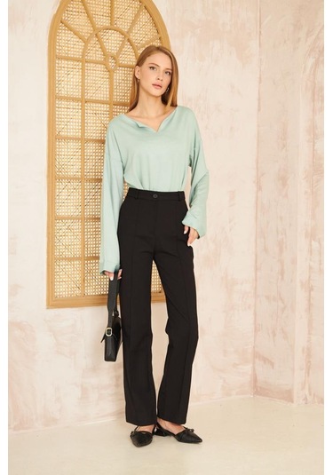 Kadın Ekstra Uzun Duble Kol / Yakası Yırtmaçlı Salaş Sweatshirt Bluz 3470190 Mint