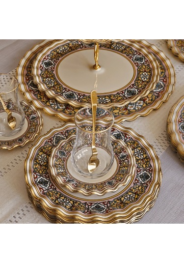 Glore Gisele Altın Yaldızlı Cam 28 Parça Çay İkram Takımı Full Set Renkli