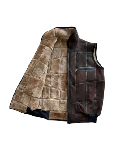 Patchwork İçi Kürk-dışı Süet Hakiki Deri Yakalı Yelek