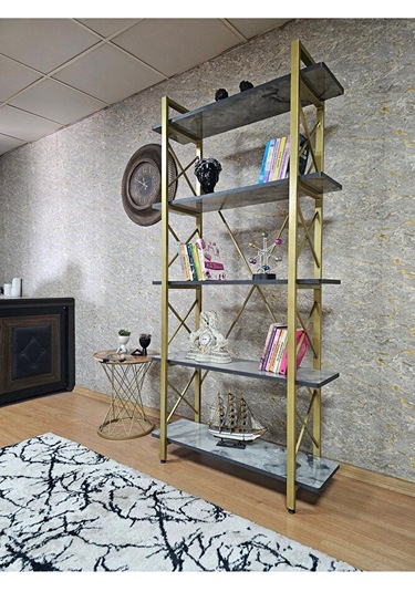 Çıkıntılı Gold Boyalı Kitaplık - 5 Raflı Suntalem Lüks Kitaplık M Çok Renkli