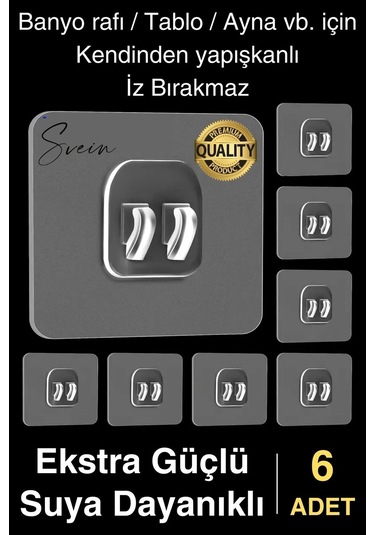 6 Ad. Ekstra Güçlü Kendinden Yapışkanlı İz Bırakmaz Suya Dayanıklı Banyo Rafı Tablo Ayna Askı Kanca Çok Renkli