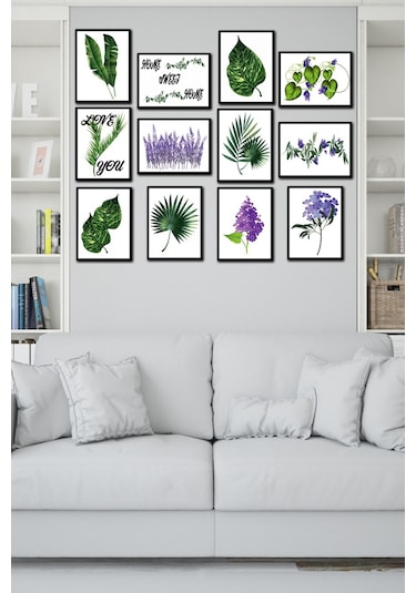 No77decor 12 Parça Yeşil Yaprak Tarzında Tablo Seti