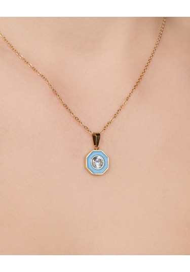 Lekka Design Kadın Kararmaz Çelik Takı Zirkon Taşlı Mavi Mineli Kolye