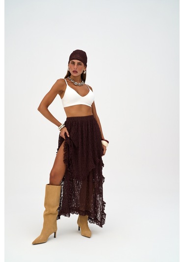 Mireya Asimetrik Bordo Dantel Etek Bordo