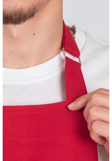 Erkek Boyundan Asmalı Çizgili Barista Şef Mutfak Önlüğü Kırmızı