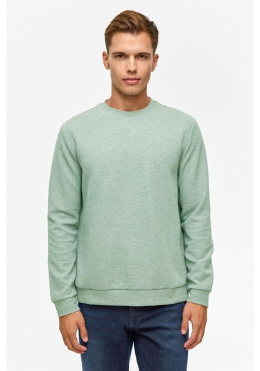 Süvari Bol Kesim O Yaka Melanj Desenli Waffle Sweatshirt Yeşil Y03