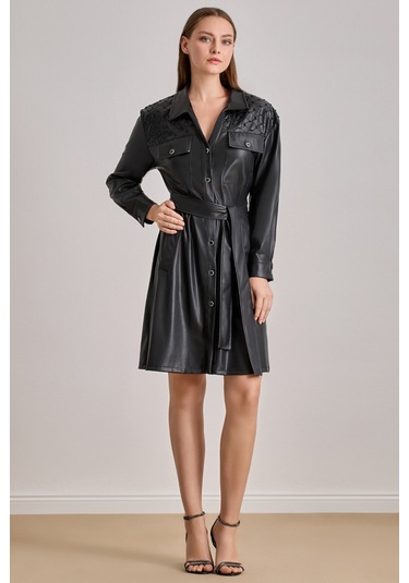 Diz Üstü Siyah Deri Elbise Siyah