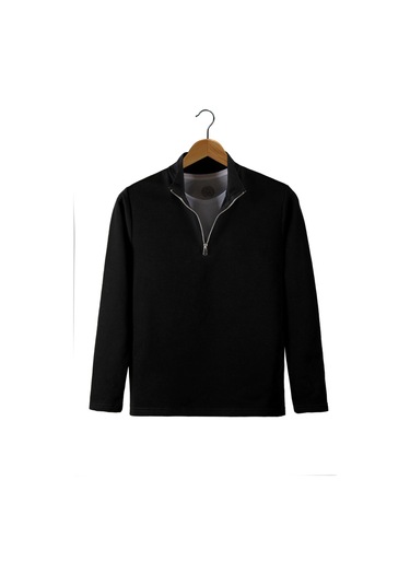 Erkek Siyah Yarım Fermuarlı Basic Düz Sweatshirt Koyu Siyah