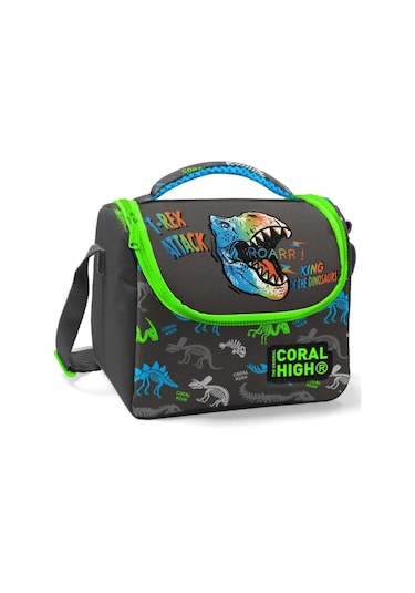 Coral High Erkek Çocuk Siyah Yeşil T-Rex Okul Beslenme Çantası - Yalıtımlı