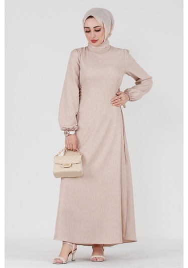 Yanı Bağcıklı Keten Elbise-bej-3366-kahverengi Kahverengi