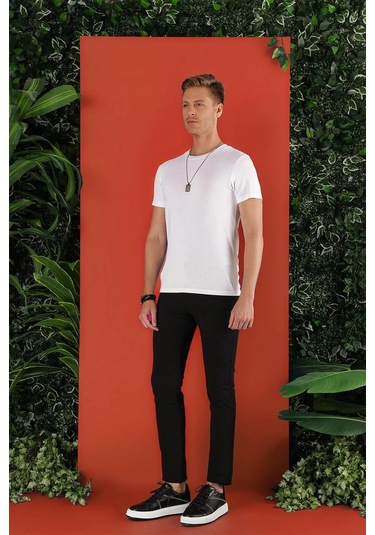 Slim Fit Bisiklet Yaka Düz Pamuklu Beyaz Tişört Ts 823 Beyaz