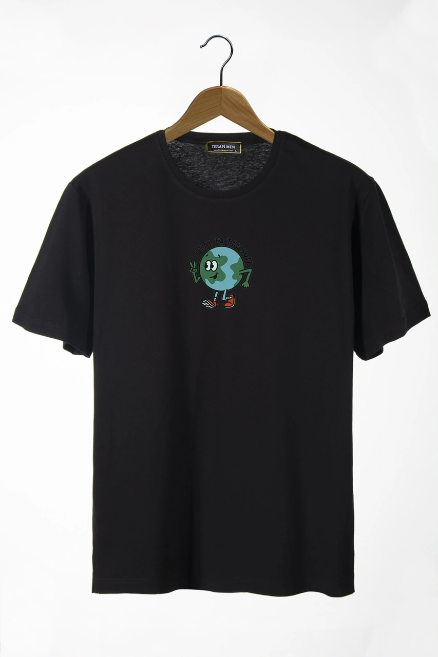 Veaven Unisex Siyah Bisiklet Yaka Önü Dünya Baskılı Oversize T-shirt SIYAH