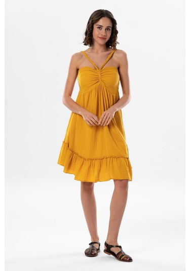 Alanya Boyundan Bağlamalı Kısa Yazlık Müslin Elbise Hardal Hrd-hardal