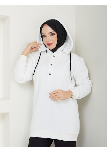 Raika Moda Kapşonlu 3 İplik Büyük Beden Tesettür Sweatshirt Ekru
