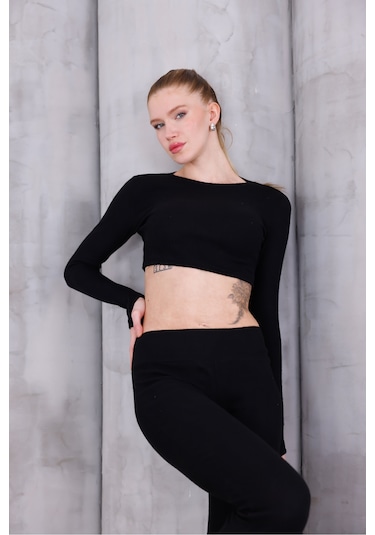 Kadın İspanyol Paça Pantolon Uzun Kollu Parmak Geçirmeli Crop Takım Siyah