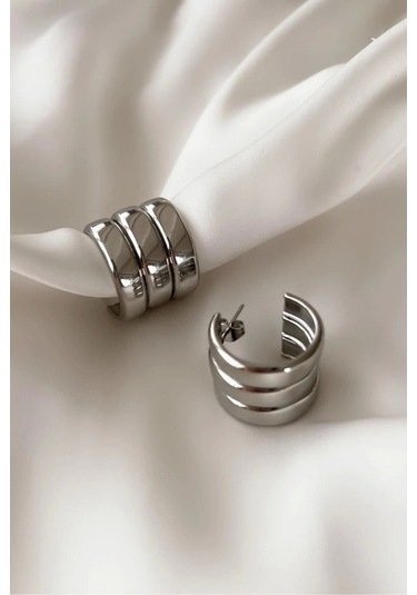 Çelik Gümüş Üçlü Görünümlü Halka Küpe Çok Renkli