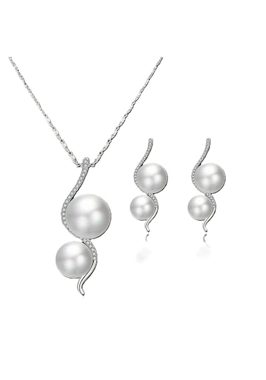 Worldshop Zirkon Taşlı 2 Sıra Beyaz İnci Gümüş Takı Seti, Ahşap Kutu İçerisinde