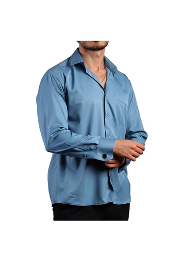 Turkuaz Mavi Büyük Beden Rahat Kesim Micro Kumaş Kol Düğmeli Regular Fit Erkek Gömlek - 190-18 001