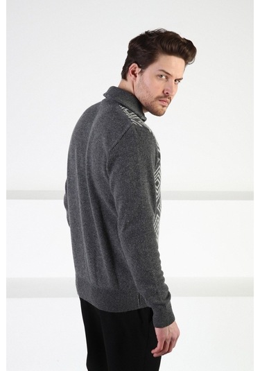 Ferraro Füme Kare Desenli Dik Yaka %100 Kuzu Yünü Erkek Kazak Füme (536161022) Füme