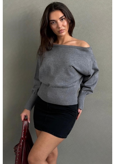 Madmext Gri Ribbed Asimetrik Kesimli Kadın Kazak Mg2744
