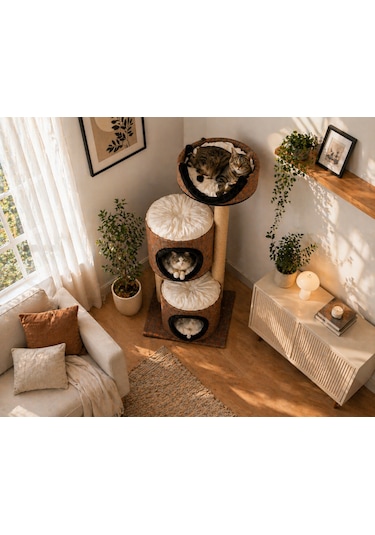 Terra Çok Katlı Kedi Evi Tırmalama Direkli Modern Kedi Yuvası