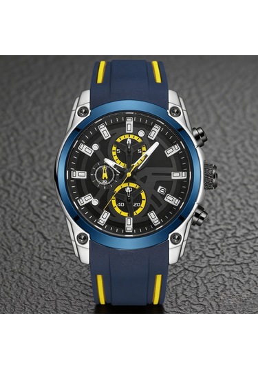 Yunboo Megır 2144 Erkek Spor Saati - Kronometre, Takvim, Aydınlatma Özellikli - 3atm Su Geçirmez - Silikon Kordon - Siyah Ekran, Mavi Bant Kutu İle Lacivert