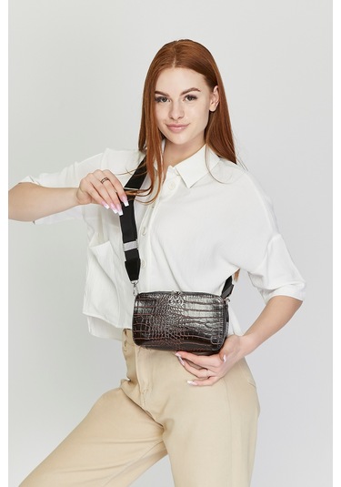Morpelikan Kahve Kroko İki Bölmeli Kadın Omuz Çantası Kahverengi