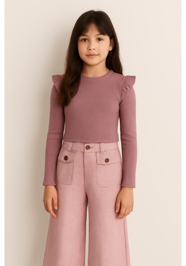 Kız Çocuk Pudra Pembe Fırfır Detaylı Bluz Ve Ekose Desenli Pantolon Takım 2 Li Şık Kombin Pudra