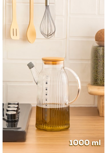 Porsima 2091 Bambu Kapaklı Vakumlu Ölçekli Borosilikat Cam Yağdanlık Yağlık Sirkelik 1000ml Şeffaf