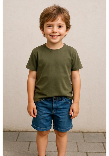 Haki Çocuk T-shirt Kız Erkek Unisex %100 Pamuk Haki