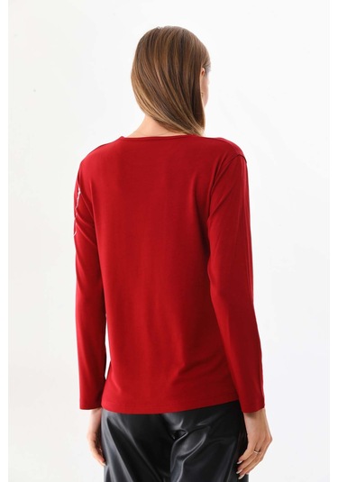 Sistas Kadın Desenli Bisiklet Yaka Uzun Kol Bluz 23598 Bordo