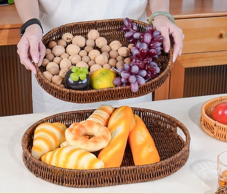 Qerhome 3'lü Rattan Servis Tepsisi Oval Model 30-35-40 Cm Kahverengi