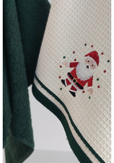 2'li Noel Baba Nakışlı Mutfak Havlusu-%100 Pamuk Yılbaşı Hediyesi Koyuyesıl Koyu Yeşil