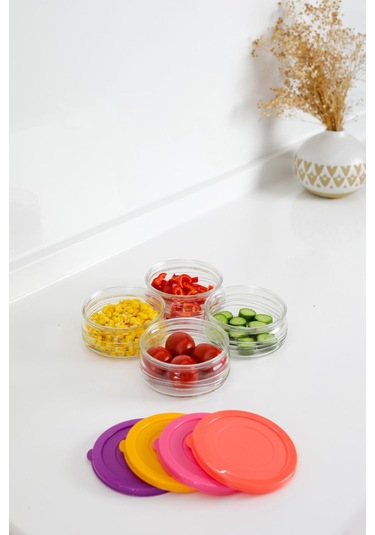 4'lü Premium Kahvaltılık Seti 410 Cc Renkli Plastik Kapaklı, Cam Saklama Kabı, Hava Geçirmez Çok Renkli