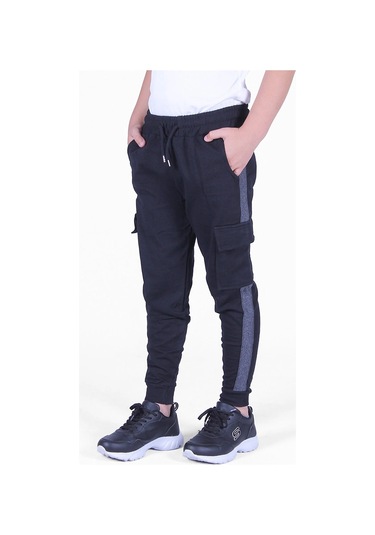 Yanı Şeritlii Kargo Cepli Erkek Çocuk Eşofman Altı Siyah