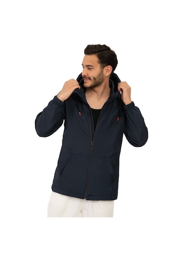 Riverstorm Erkek Lacivert İçi Astarlı Kanguru Cepli Su Ve Rüzgar Geçirmez Kapüşonlu Cepli Yağmurluk Lacivert