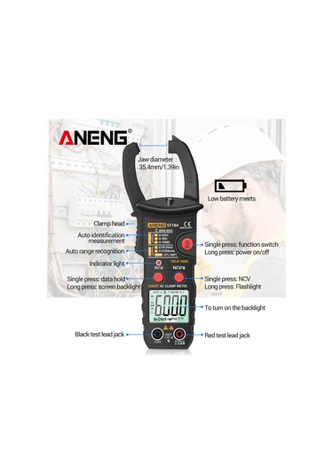 Jeemson Aneng St184 Siyah Gerçek Rms Klepmetre - Ac/dc Voltaj, Akım, Direnc, Kapasite, Sıcaklık, Frekans Ölçümü Pil Yok