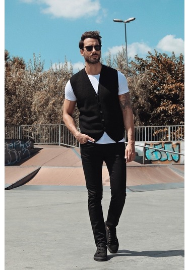 Ferraro Desenli Pamuk Triko Yelek - Siyah-Siyah