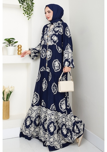 Giral Dokuma Viskon Elbise 1543 - Lacivert Lacivert