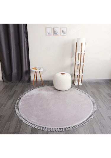 Açık Gri Fluffy Düğüm Saçaklı Yuvarlak Post Peluş Kaymaz Taban