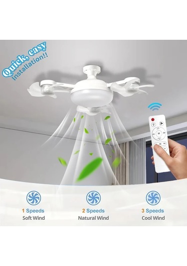 Boatshop1 Üç Beyaz Fan Led Akıllı Tavan Fanı Lambası E27 E26 Soket Uzaktan Kumanda Ayarlanabilir Parlaklık 3 Hız Yatak Oturma Çalışma Odası