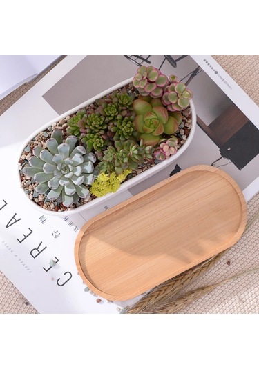 Jeehugo Beyaz Seramik Oval Sukulent Ve Kaktüs Saksısı, Bambü Tabaklı, Ev Ofis Masaüstü İçin, 2'li Set Saksı + Tabak , Bitki Yok