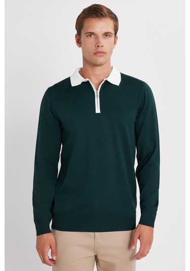 Erkek Standart Fit Uzun Kol Yarım Fermuarlı Polo Yaka Yeşil Kazak-35799 Yeşil